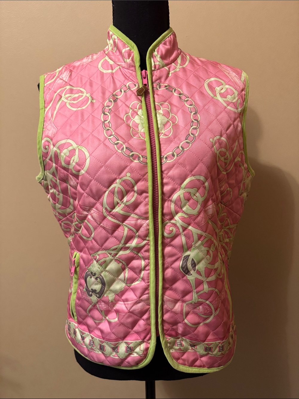 J. McLaughlin Pink Quilted Vest with Lime Trim